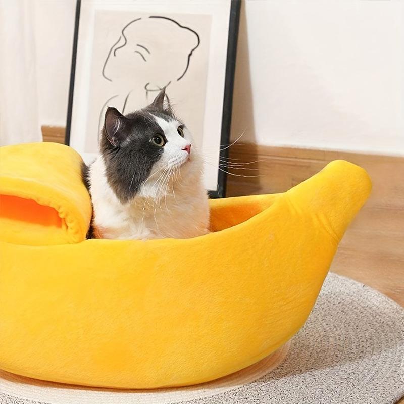 

Plush Bed for Cats Winter Things Warm Houses Banana Pet Products Accessory Habitats All Basket Cushions Puppy Supplies M жовтий