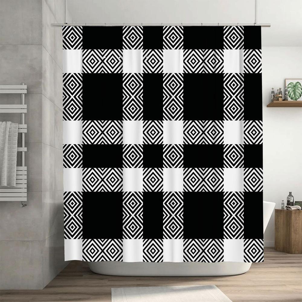 Black White Geometric Shower Curtain with Diamond Pattern for Bathroom Decor Waterproof Fabric DIY Home Improvement Essentials