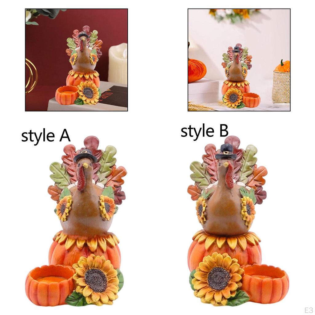 Candle Holder Turkey Statue with Pumpkin Ornament Decoration Thanksgiving Sculpture Resin Figurine