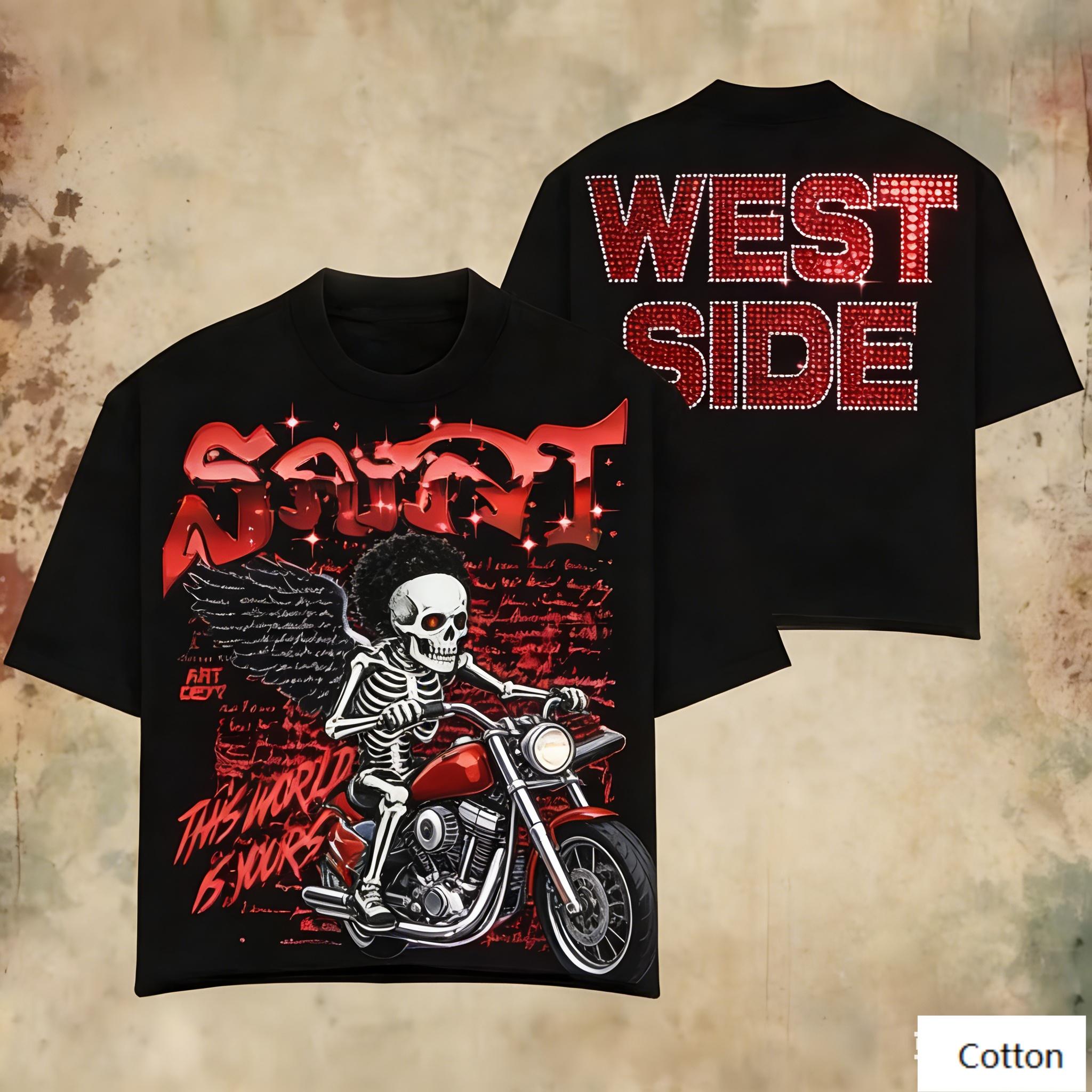 Streetwear Unisex Cotton TShirt Featuring Edgy Winged Skeleton Biker Design and SAINT Text Chicano Biker Style Top S
