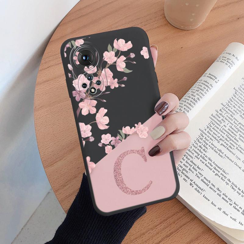 Initial Letter Silicone Case For Huawei Nova 9 Honor 50 Shell Retro Pink Flower Soft TPU Back Cover For Honor 50 Nova9 Capa