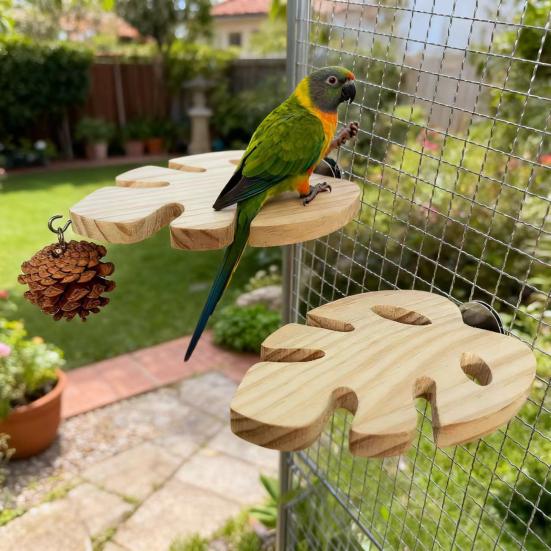 Bird Cage Perch Wood Parrot Platform Stand Monstera Leaf Flat Bird Perch with Pinecone for Cockatiels Conures African Greys Chewing Resting Nail