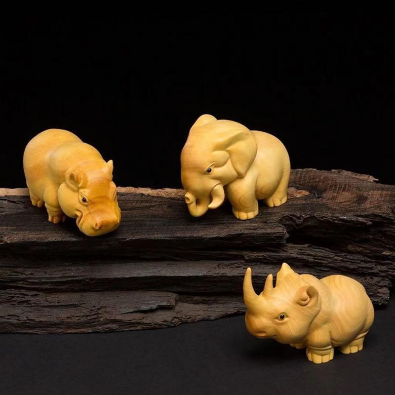 Taihang Cliff Cypress African Animal Trio Carving - Cute Wooden Hippopotamus, Elephant & Rhinoceros Ornament