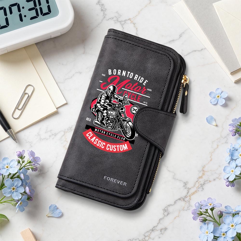 Vintage Biker Print Long Wallet with Multi-Card Slots, Stylish Portable Durable Purse for Daily Use
