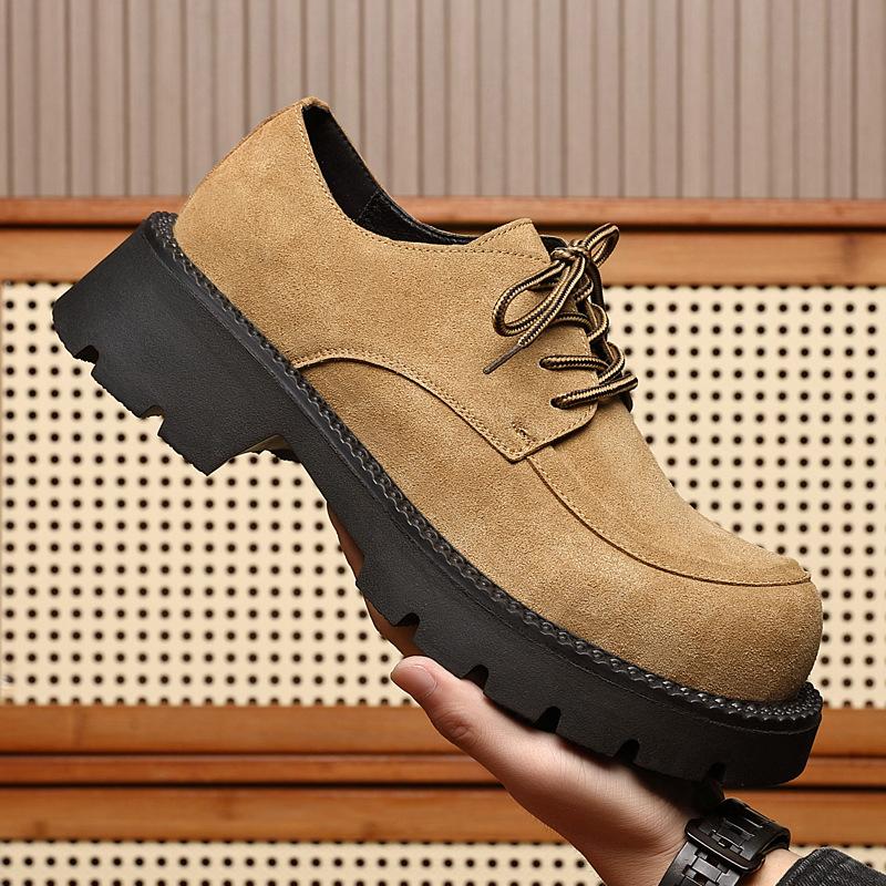 2025 autumn men's platform loafers lace-up cowhide suede leather shoes big head fashion casual platform men's shoes