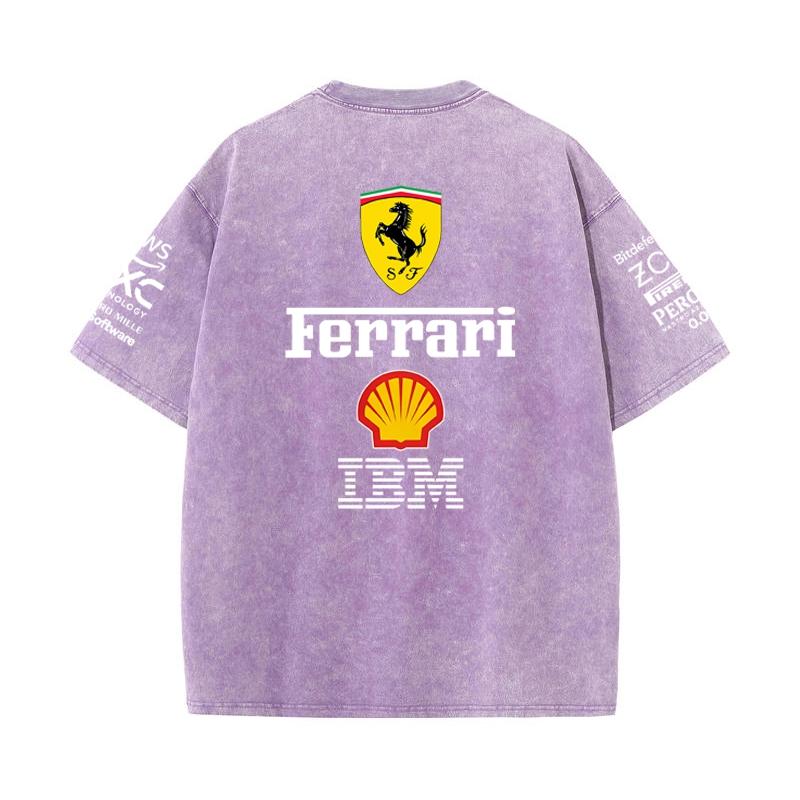 Vintage Washed Black Ferrari F1 Racing T Shirt Oversized Short Sleeve Tee Retro Motorsport Sponsor Logo Print Casual Streetwear Loose Top