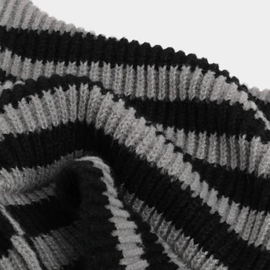 Winter Knitted Hat Cat Ear Design Plush Ball Decor Striped Print Windproof Warm Women Hat Cold Weather Headwear