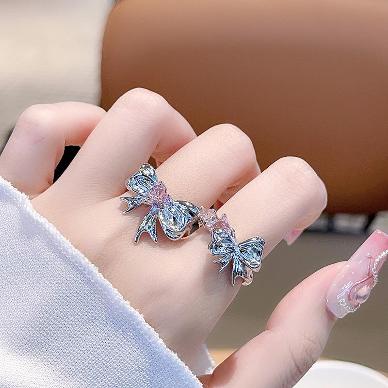 Pink Zircon Bow Niche Design Open Ring Set Cold Wind Personality Advanced Sense Index Finger Ring