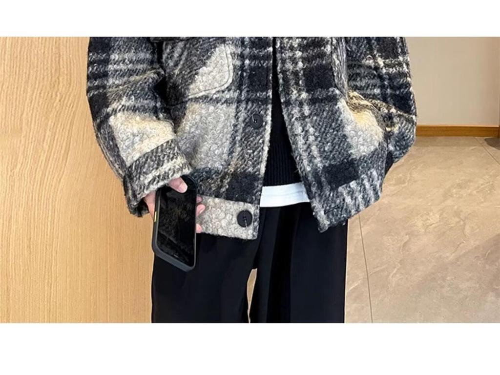 Unisex Retro Plaid Woolen Long-Sleeve Shirt Jacket for Autumn