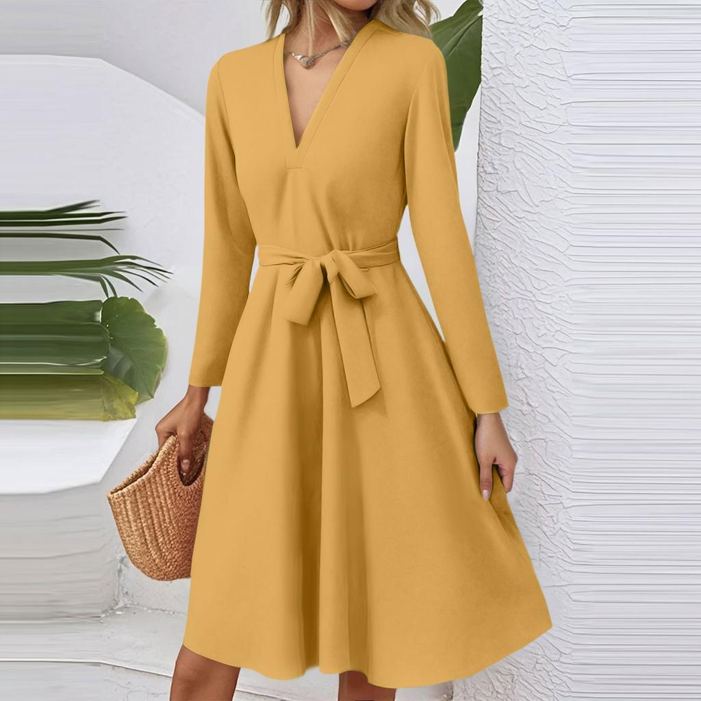 Women's Fashion Casual V-Neck Long Sleeve Waist Solid Color Midi Dress