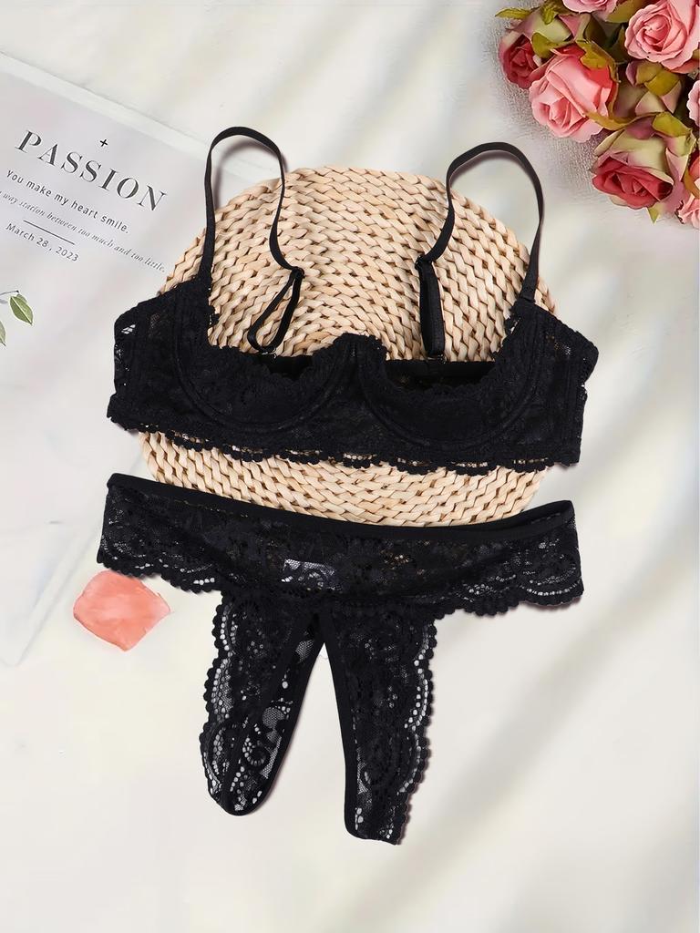 Sexy Black Lace Bare Chest Nipple Bra Gather Pure Desire Perspective Open Crotch Thong Underwear Suit Women