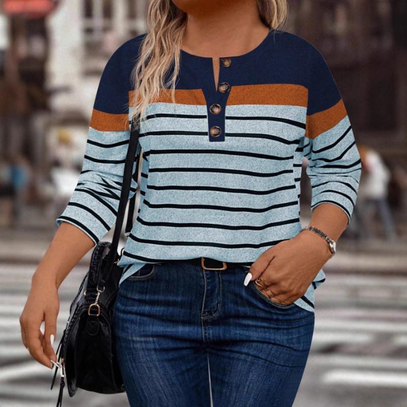 Women's Spring and Autumn New Fashion Versatile Striped Contrast Button Casual Long-sleeved T-shirt