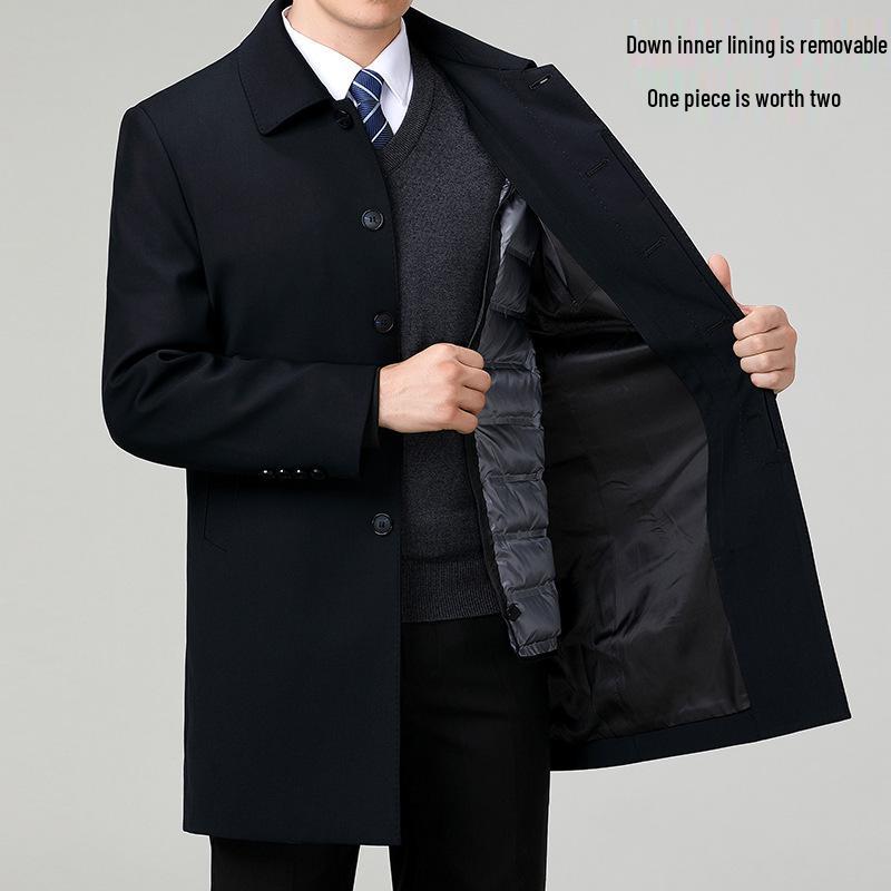 Brand Men's Mid-length Down Jacket Lapel Casual Business Winter Trench Coat