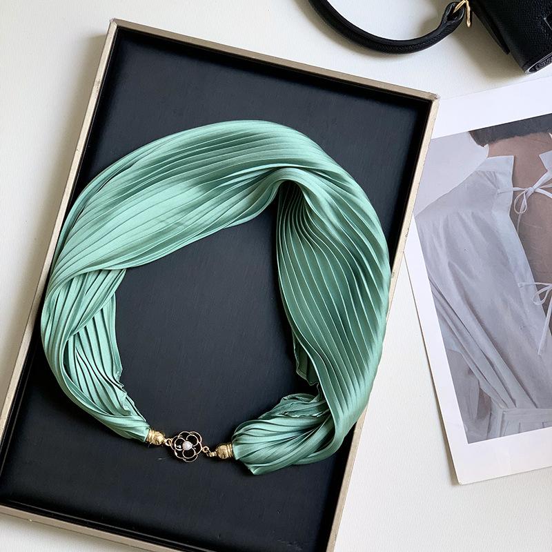 New Monochrome Magnetic Variety Silk Scarf Necklace Women's Pleated Summer Sunscreen Headscarf Decorative Scarf