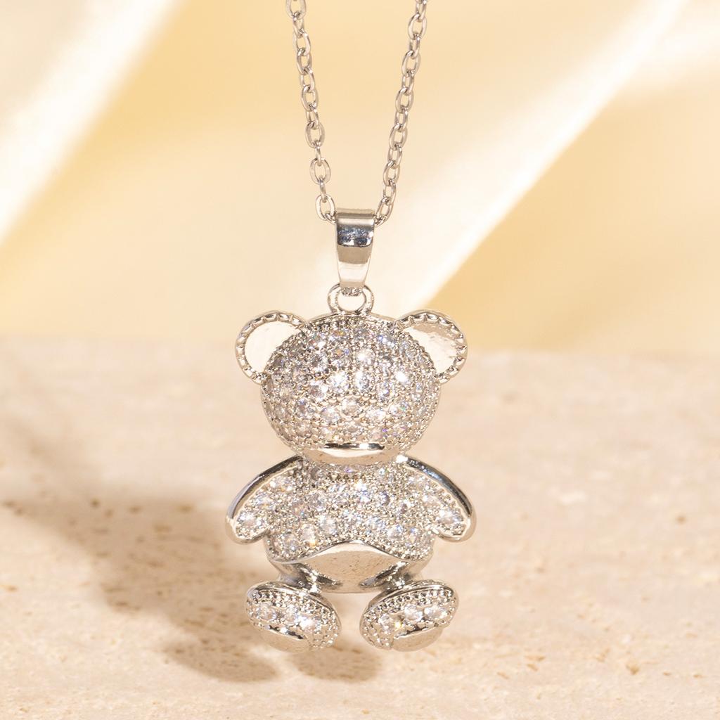 Full Diamond Three-dimensional Teddy Bear Necklace, Creative Personality, Niche Design, Animal Pendant, Fashionable and Exquisite Jewelry