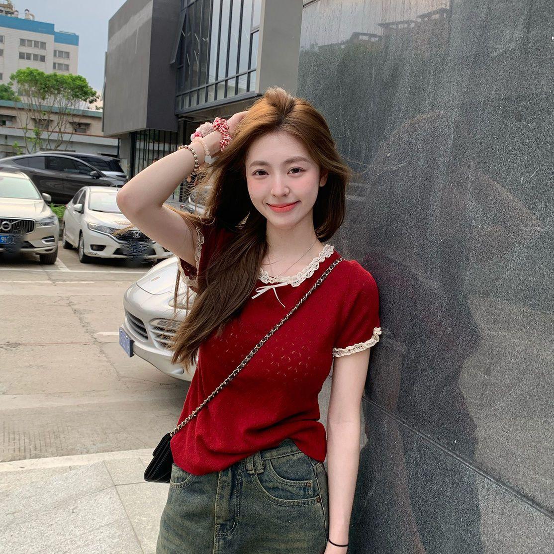 

Круглый вырез, кружево, ажурный бант, трикотаж, короткие рукава, корейская версия, облегающая и утягивающая верхняя одежда M красный