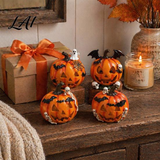 Vivid Skeleton Figurines Halloween Pumpkin Ghost Bat Skull Figurine Cute Resin Handcrafted Props Tabletop Ornaments for Home Party Shelf Mantels