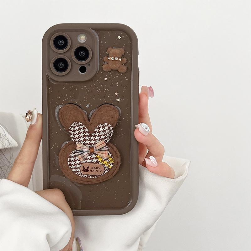 Wind Flash Powder Brown Rabbit Mobile Phone Case For Iphone16Promax Bear Apple 15 All-Inclusive X Anti-Drop