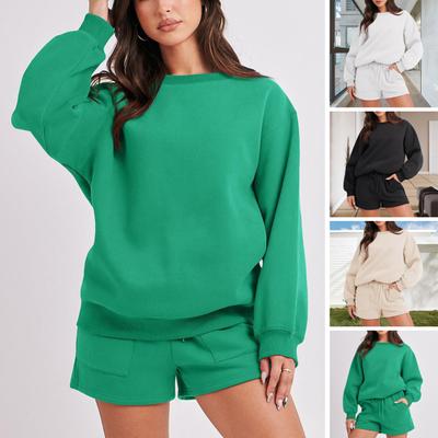 2 sztuk/zestaw damska bluza zestaw spodenek luźna jednokolorowa ściągana sznurkiem w pasie z długim rękawem wokół szyi elastyczny mankiet miękkie kieszenie Lady