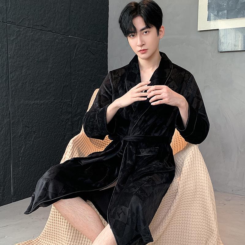 Men's Sea Island Velvet Fleece-Lined Bathrobe - Autumn/Winter Plus Size Homewear Pajamas