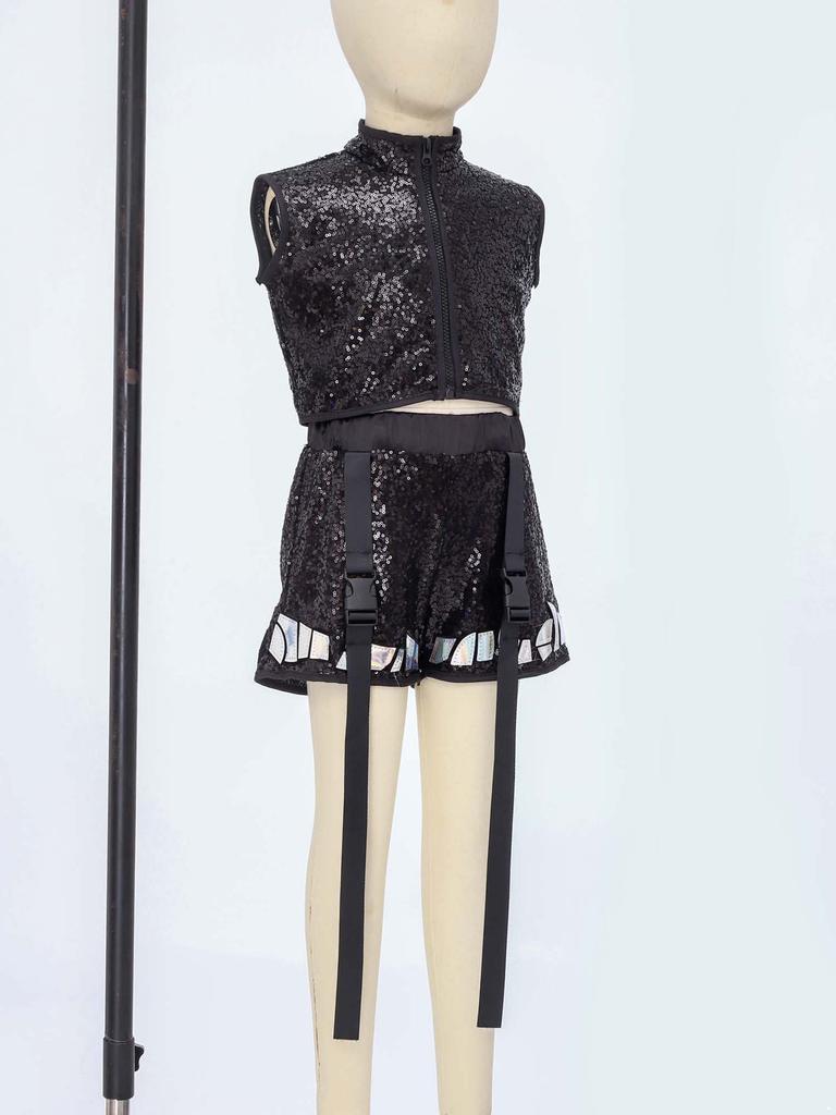 Completo Hip Hop Danza Bambini Top Corto Senza Maniche Zip Up Laccato Paillettes Shorts Set Maniche con Nappe Staccabili