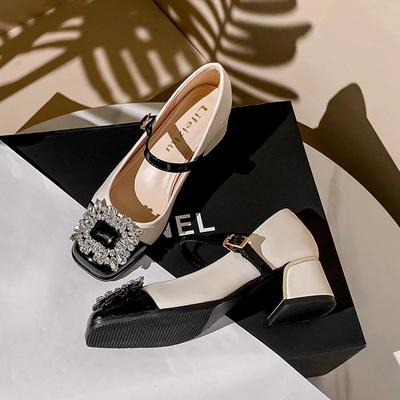 2024 Rhinestone Decoration 2024 Mary Jane Women Leather Shoes Plus 35-43 Spring Summer Square Head Classic Thick Heel Low Heel