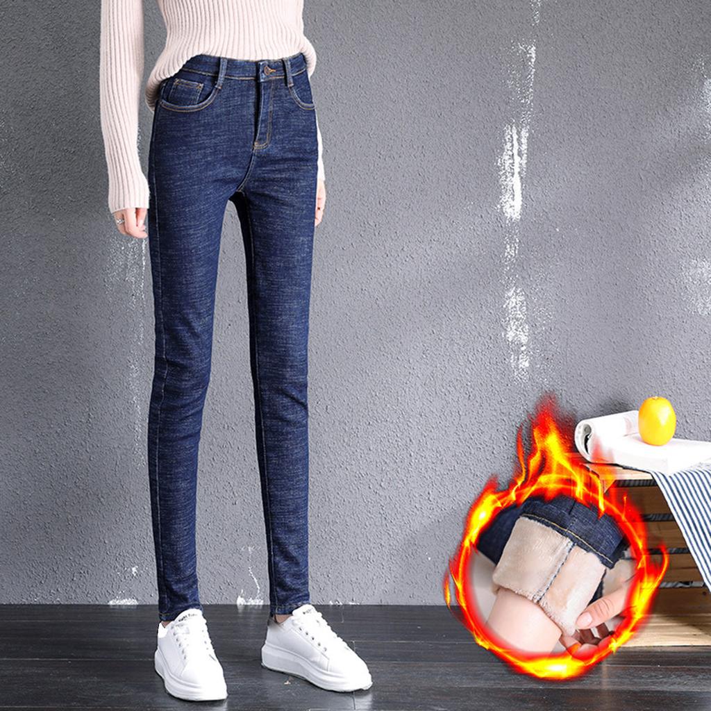 Women Fashion Soild Plush Jeans High Waist Thickened Tight Fitting Sweatpants Warm Casual Pants