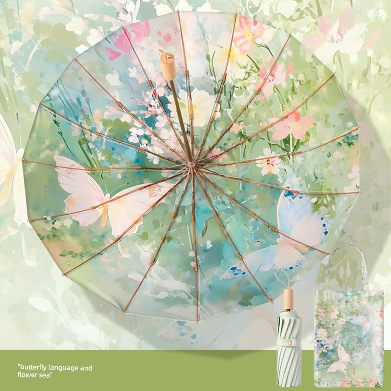 Very Beautiful Umbrella for Girls Good-looking Extra Large Thickened Reinforced Rain Or Shine Dual-Use Oil Painting Folding Ins Niche