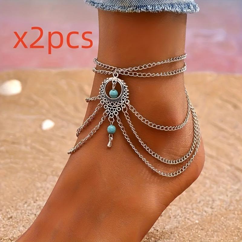 

2 богемных винтажных многослойных браслета-цепочки с подвесками из бирюзовых бусин, женские украшения для ног, модные аксессуары для летних пляжных вечеринок 2 pcs серебряный