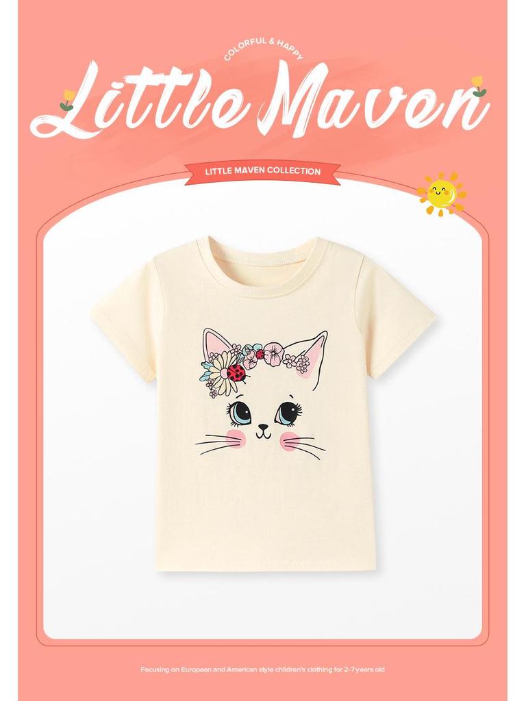 Little Maven Girls' Cute Summer Short-Sleeve T-Shirt - 100% Cotton, Breathable, Sweet Design