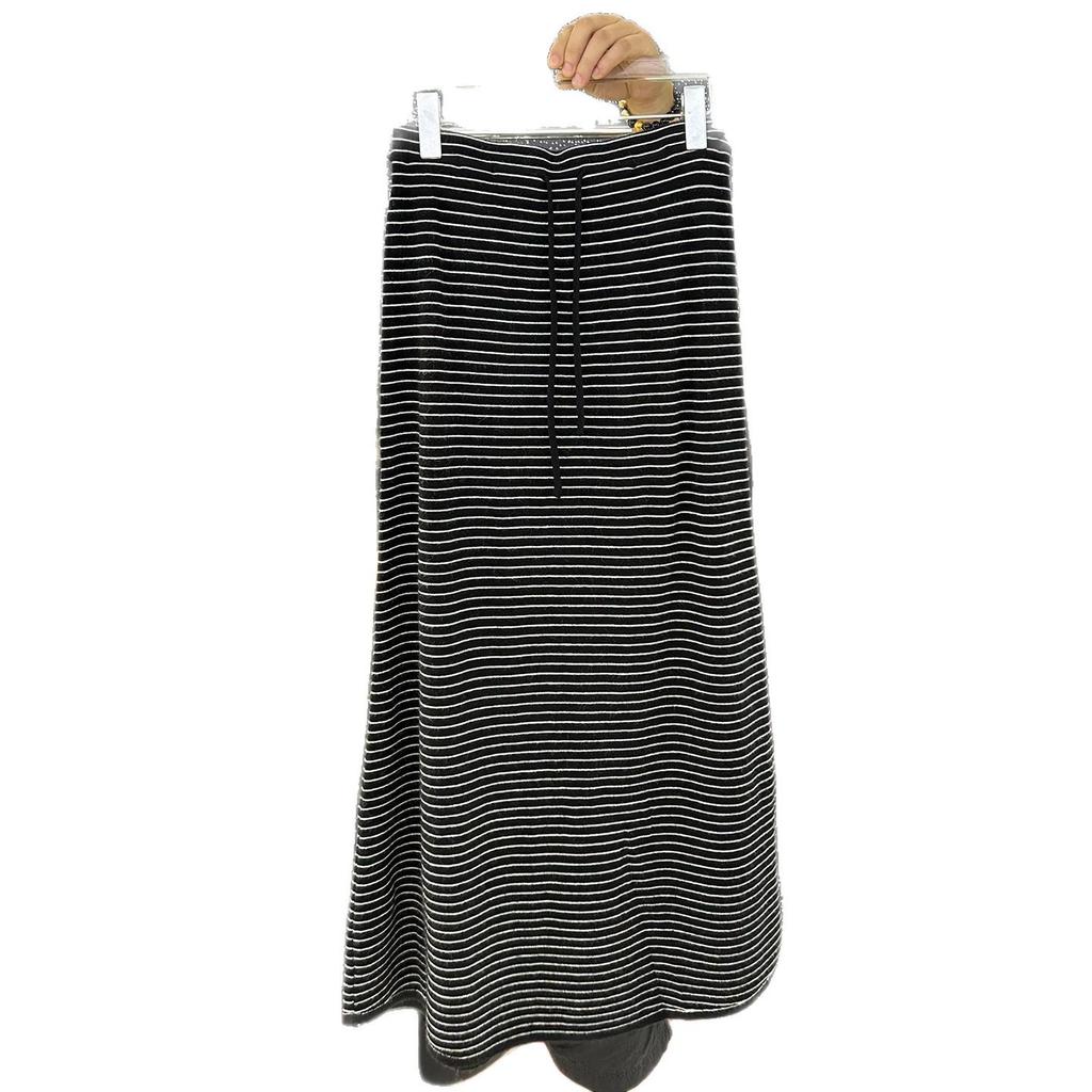 Women's Striped Knit Midi Skirt: High-Waisted, Elastic, Slimming, Back Slit, Perfect for Autumn and Winter.