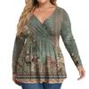 Women's Plus Size Shirt Long Sleeve  Print Top Pleated Casual V-Neck Top