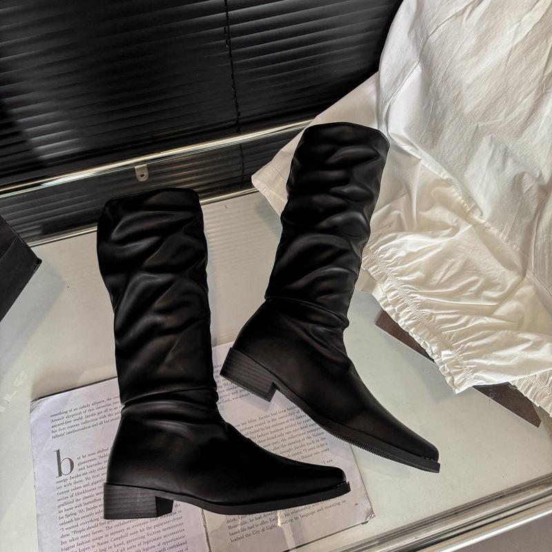 Pile boots women's boots 2025 new spring and autumn retro but knee thin solid color thick heel knight boots