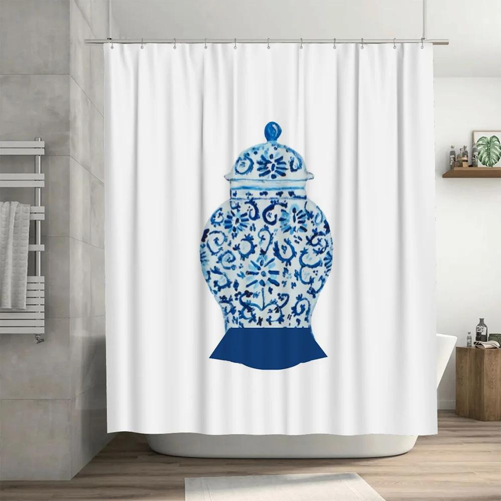 Elegant Blue White Porcelain Pattern Shower Curtain for Home Decoration Bathroom Decorations Extra Long Size 72x84 Inches [3 Pac