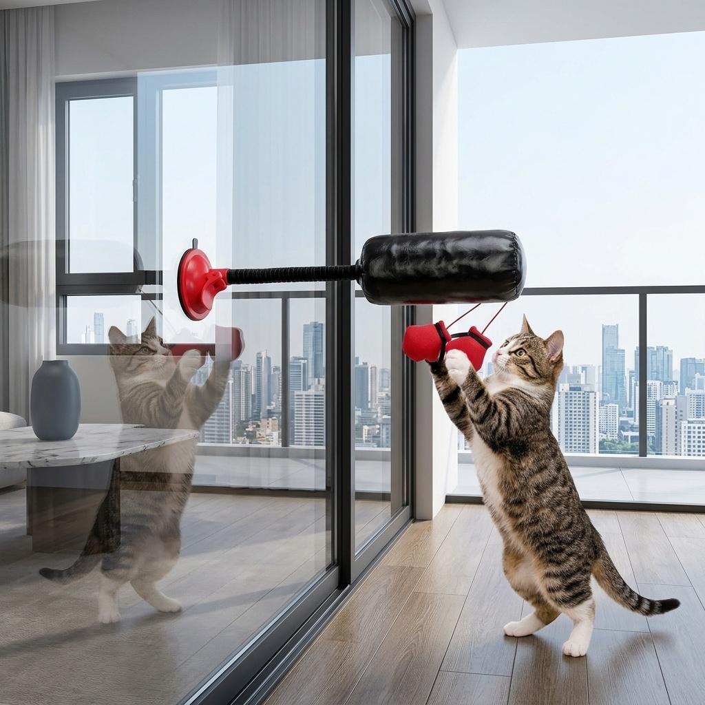 Upgraded Durable Punching Suction Cup Cat Toy, Spring-Loaded Cat Boxing Bag with Gloves, Interactive Cat Boredom Relief Toy