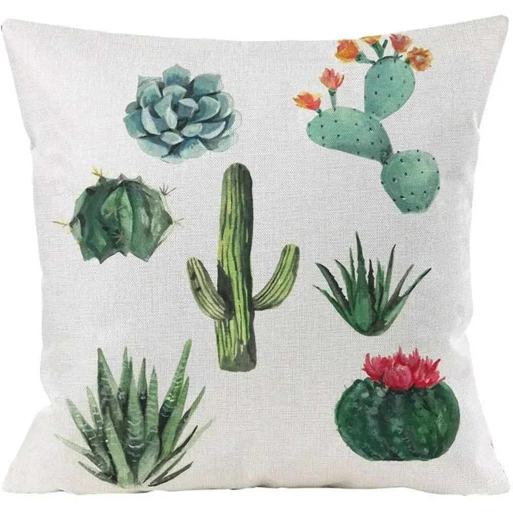 Cactus Pattern Linen Pillowcase, Living Room Sofa Cushion Cover, Home Decoration, Small Fresh Hug Pillowcase 40X40