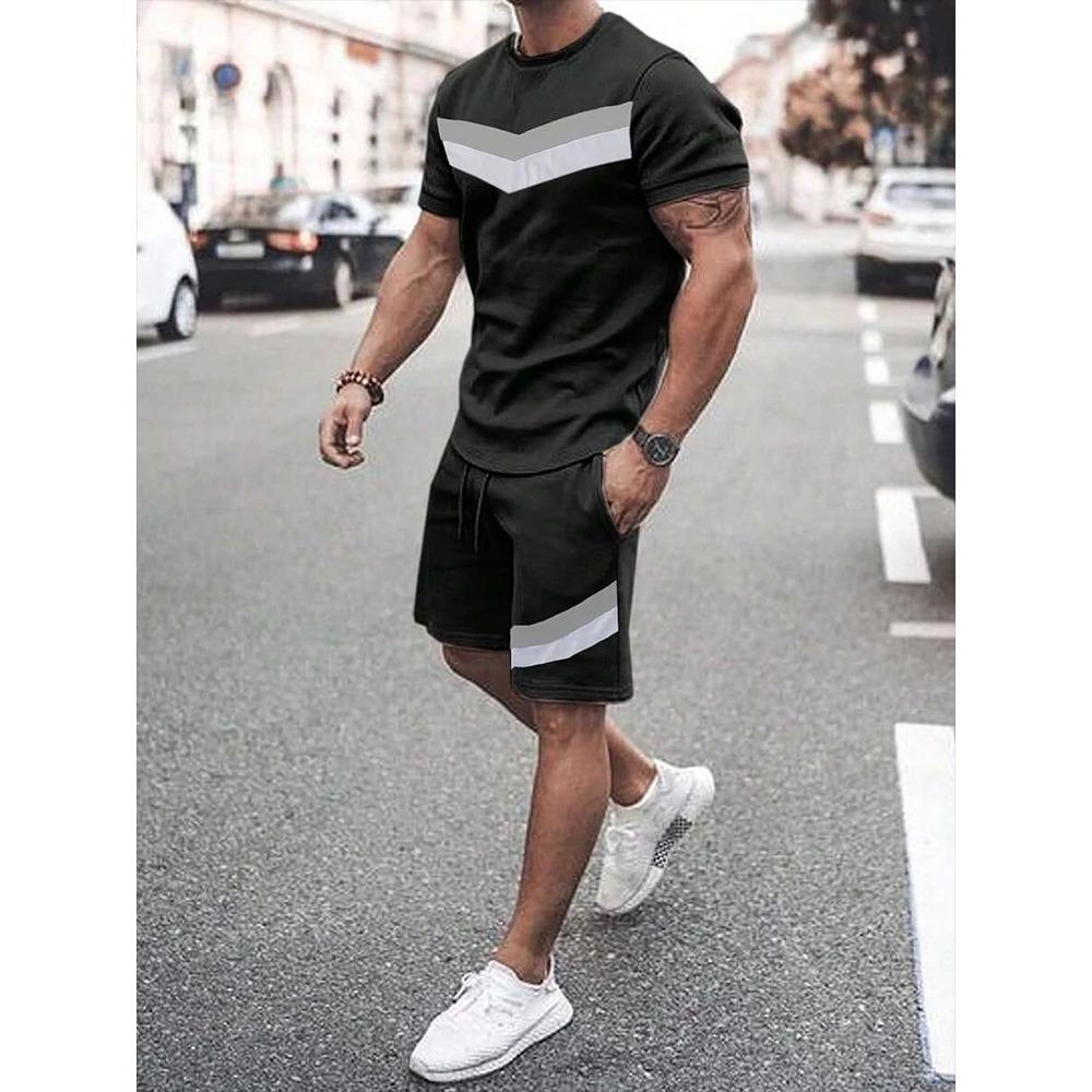 2026 Summer New Two Piece Suit Men's Casual Pattern Printed Short Sleeve T-shirt and Sports Shorts Set Sports Set Fitness Lightw