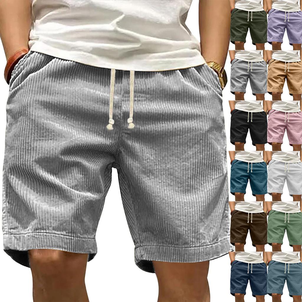 Mens Corduroy Casual Shorts with Elastic Waistband Drawstring Adjustable Fit Relaxed Summer Lightweight Shorts for Daily Wear
