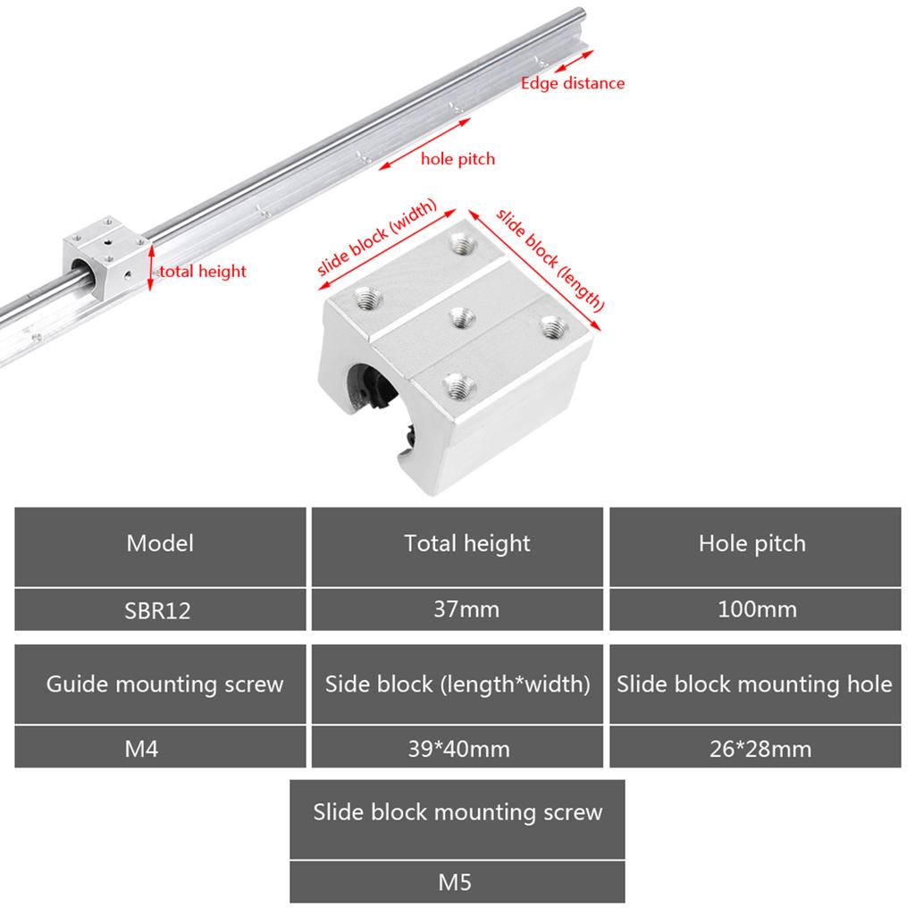 Bearing Slide Block 2Pcs Linear Rail Shaft SBR12-1000mm 12mm Linear Slide Rail Shaft SBR12UU Bearing Block