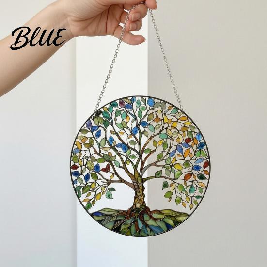 Acrylic Window Sun Catcher Tree of Life Round Hanging Sign Stained Glass Suncatcher Decoration Decoration Wall Ornament for Indoor Outdoor