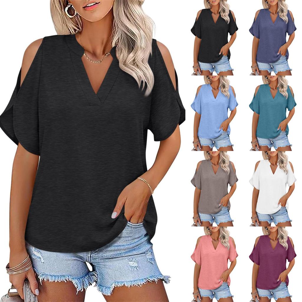 Womens Cold Shoulder V Neck T Shirt Short Sleeve Casual Loose Fit Top Summer Lightweight Blouse