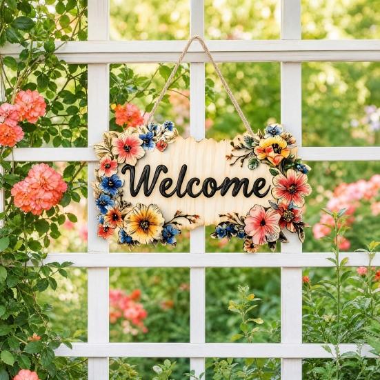Floral Wooden Welcome Sign Front Door Sign Ornaments Flower Hanging