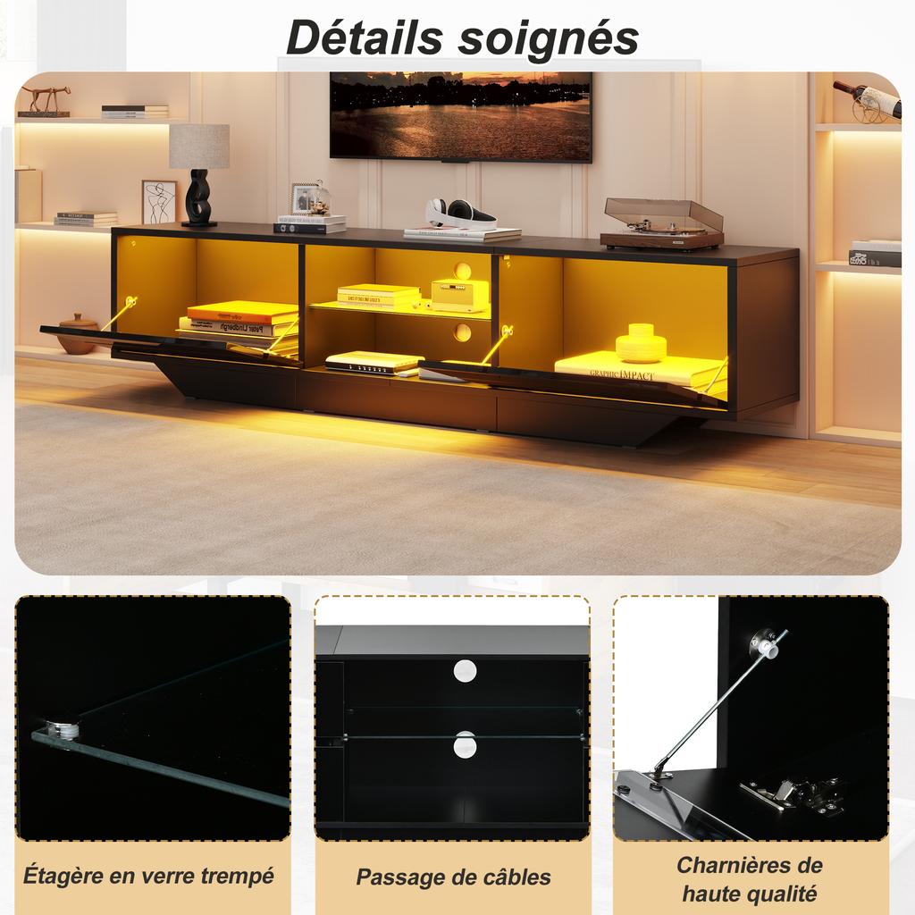 160*35*44.5cm Έπιπλο TV δαπέδου, χαμηλό έπιπλο, 2 πόρτες, γυαλιστερό, φώτα LED, βάση TV, κατάλληλο για τηλεοράσεις 65 ιντσών, μαύρο