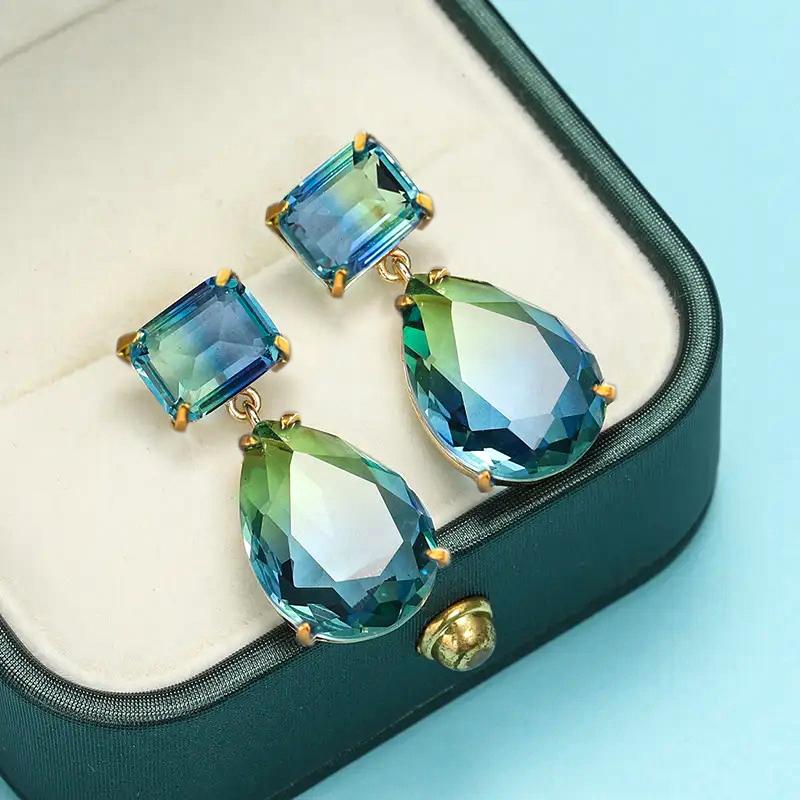 Lucky Star Jewelry Women's Blue/Green/Gold Huitan Unique Gradient Cubic Zirconia Dangle Earrings For Color Luxury Trendy Pear Earrings New