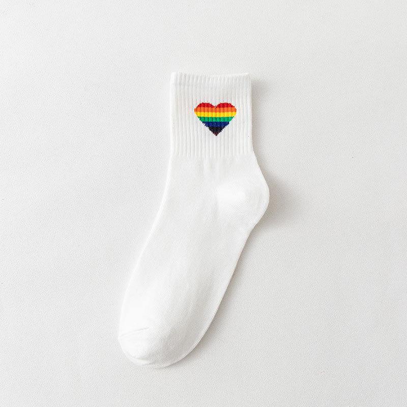 Autumn and Winter Women's Socks Mid-calf White Cartoon Student Bear Rainbow Letter Heart Smiling Face Striped Sports