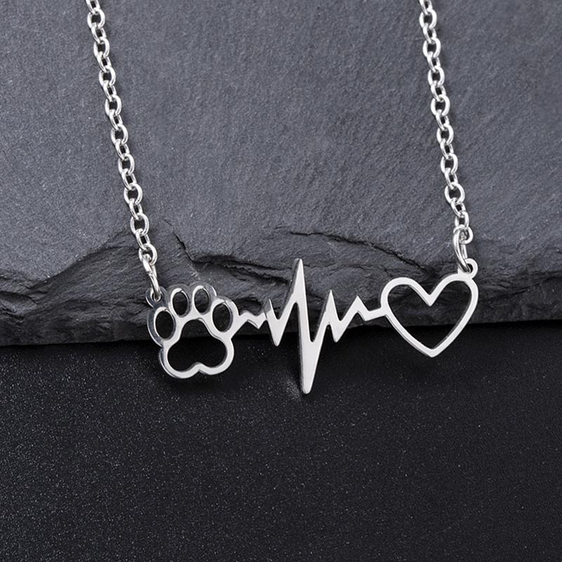 

Stainless Steel Heart Heartbeat Dog Paw Necklace For Women Men Boys Girls Pet Footprint Jewelry Accessories срібний