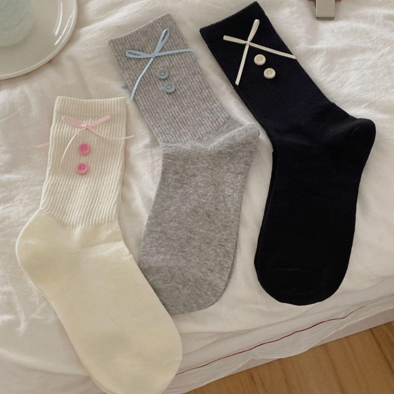 

Button Mid-calf Socks for Women, Spring and Summer, with Sweet Bow Ties, Pile Socks 1 pair чорний