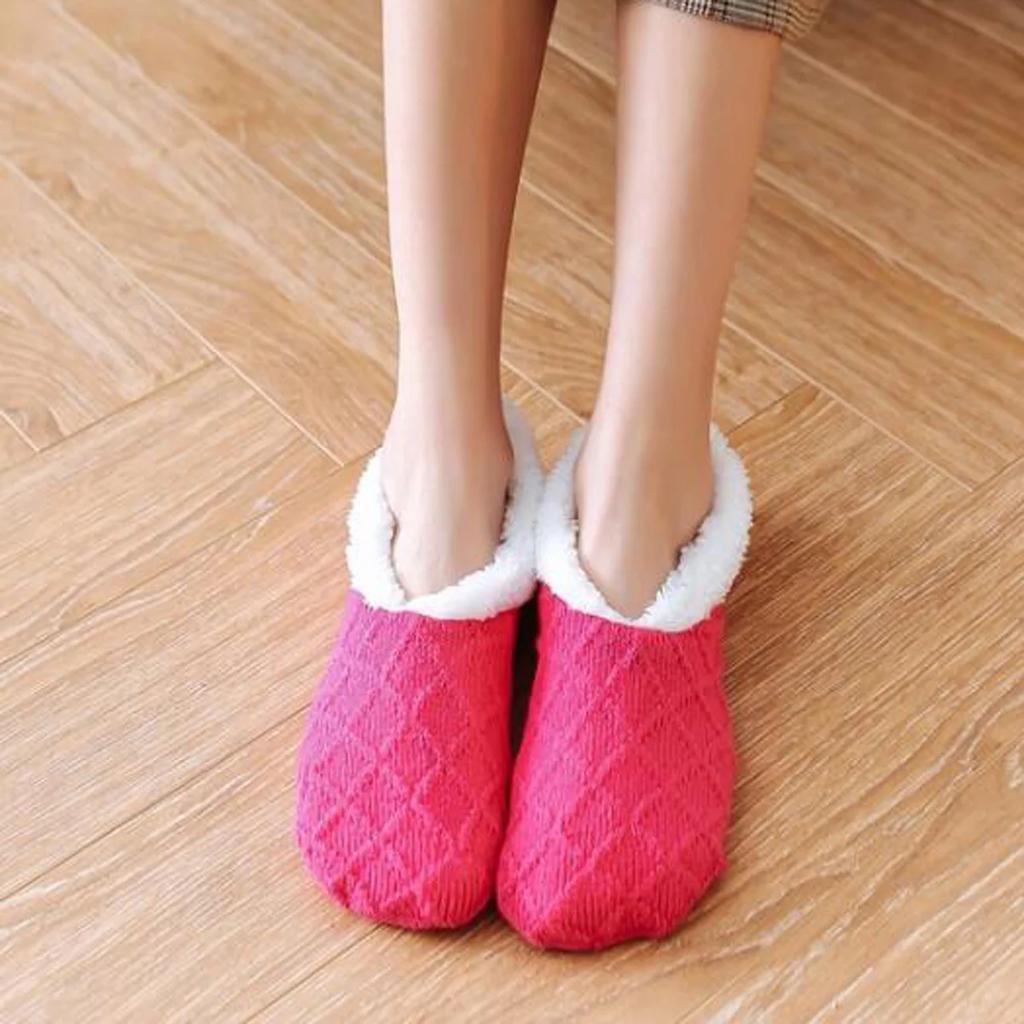 Women's Warm Solid Color Floor Socks Non Slip Plush Knitted Coral Fleece Socks No Show Socks kawaii cute men