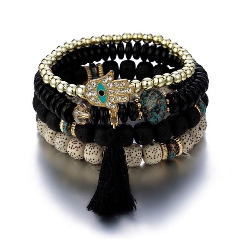 4Pcs Bohemian Styles Bracelet Set for Women with Crystal Hand Tassels Charm and Stone Beads Chain Stylish Outfits