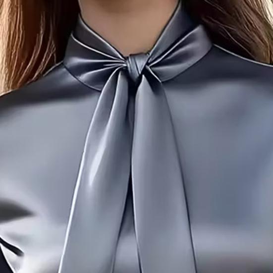 Women Shirt Stand Collar Lace-up Long Sleeve Satin Texture Shirt Solid Color Regular Fit Office Lady Shirt Spring Autumn Casual Tops
